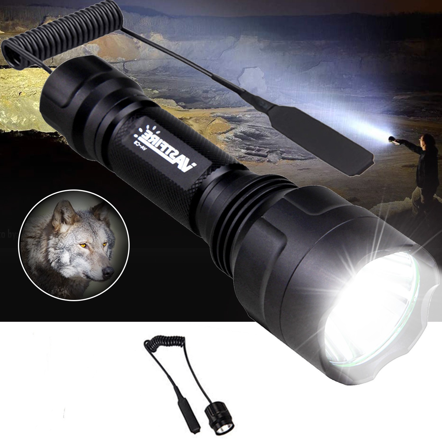 1000LM LED Flashlight White Light Hunting Night Lamp Rechargeable Torch+Switch