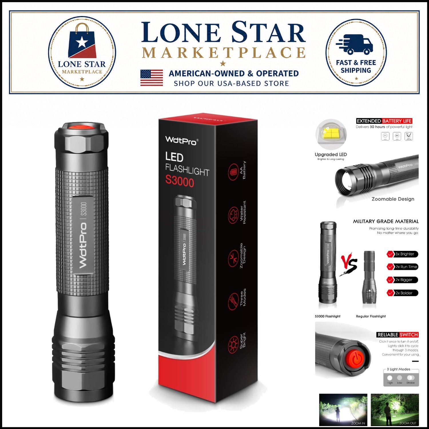 Durable & Bright S3000 Tactical Flashlight – 30 Hour Runtime, Zoomable Function