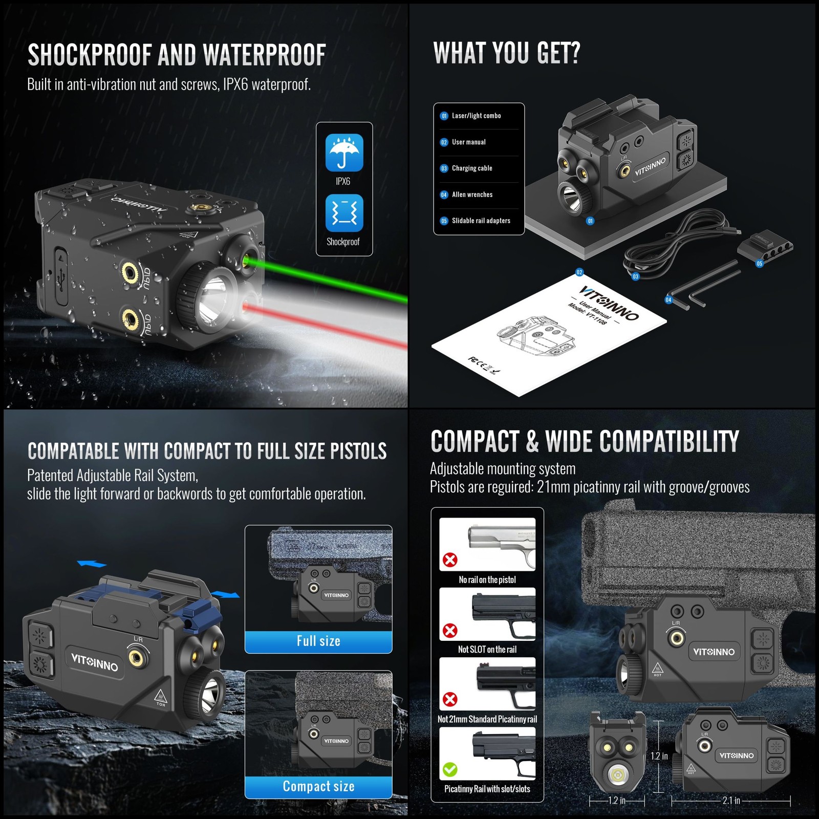 500lm Slidable Pistol Light, Red Green Laser Beam Combo for Picatinny