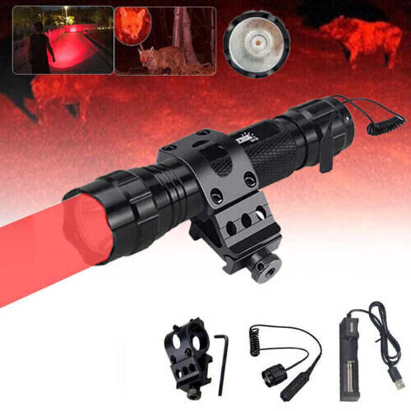Hunting Red LED Flashlight Torch Predator Rifle Night Light 500Yards 20mm Rail