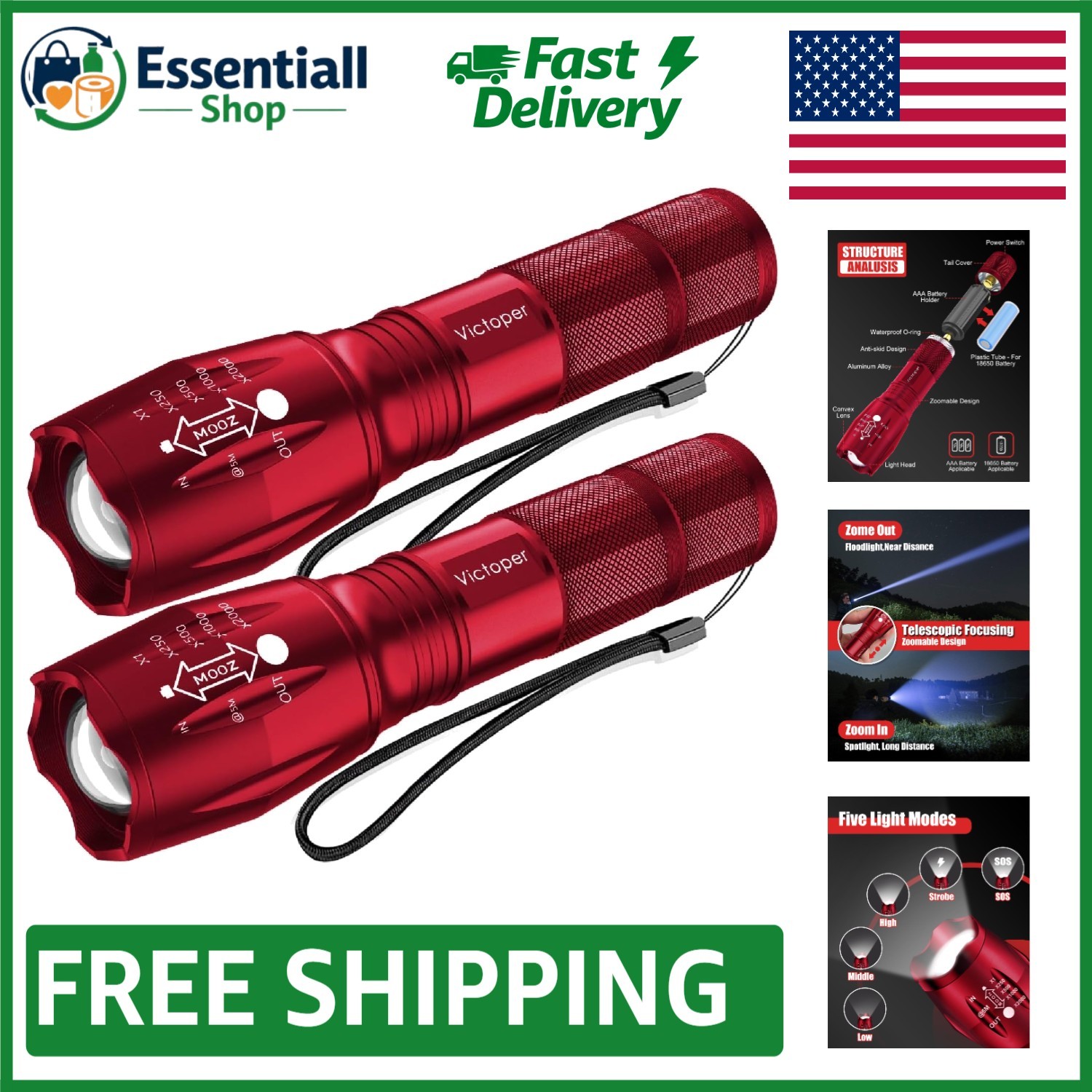 Durable 2 Pack Red LED Flashlights – Waterproof, Rechargeable, 5 Lighting Modes
