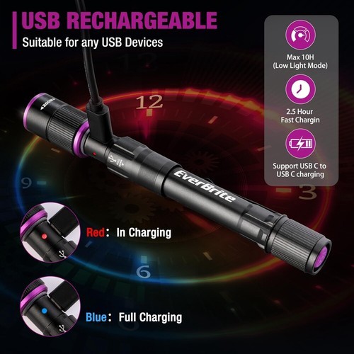 EverBrite Rechargeable Pen Flashlight UV Light White Light 395nm 4 Lighting Mode