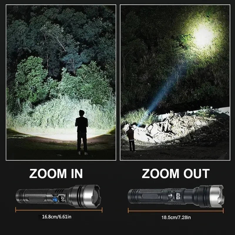 LED Flashlight Type-C Rechargeable Zoom Torch Power Display Camping Light