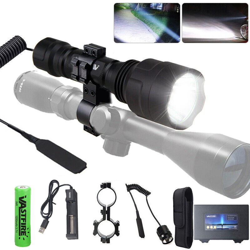 Hunting LED Flashlight Rechargeable Torch with Scope Mount Dual 20mm Rail Light