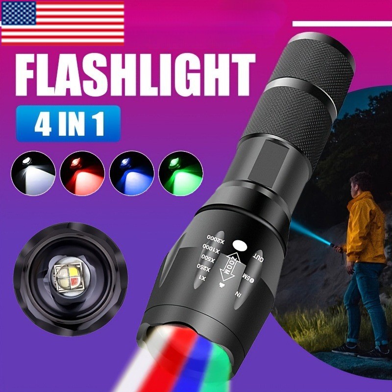 4-in-1 Rechargeable LED Flashlight with White/Red/Blue/Green Mode Portable Torch