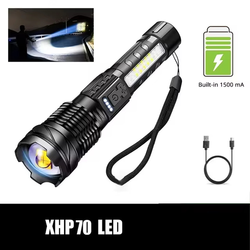 Powerful XHP50 LED Flashlight Waterproof 18650 Torch with Side Light 7 Modes