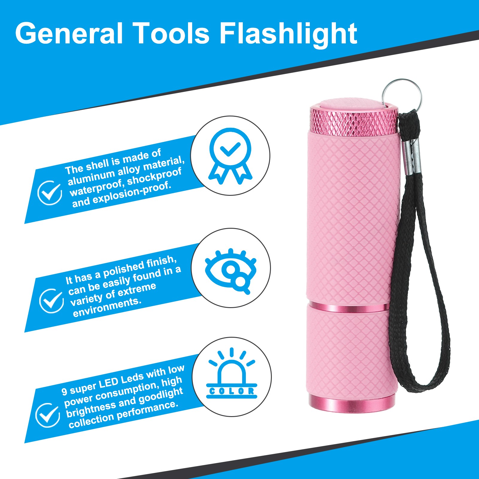 2Pcs 9 LED Glow in Dark Flashlights Mini Aluminum Rubber Coated Flashlight Pink
