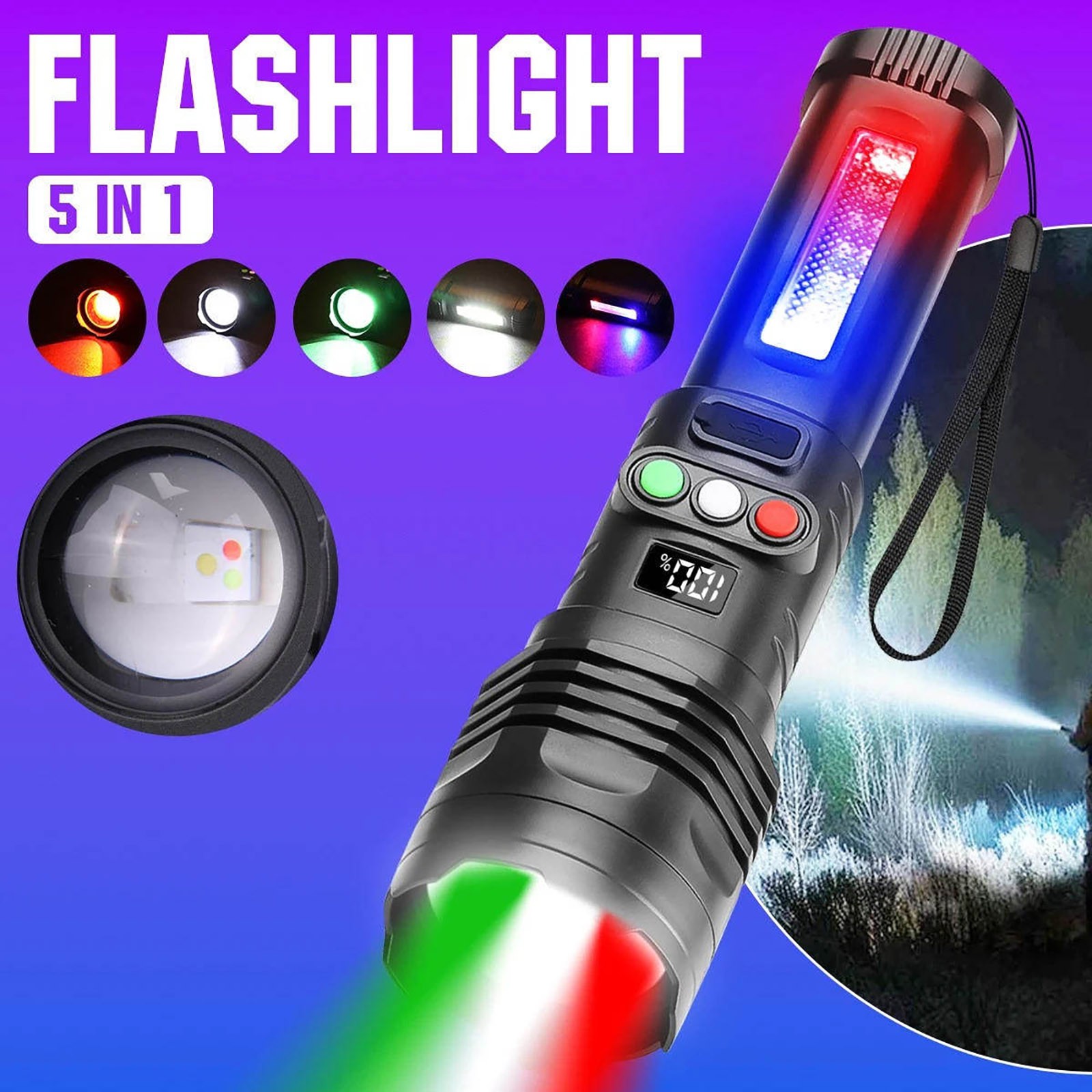 Tactical Flashlight Rechargeable 3 Color LED 1200mAh Type C USB Zoomable Light