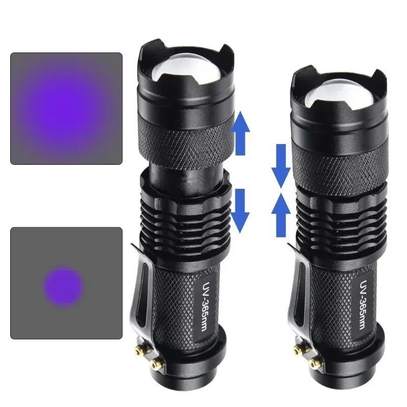 UV Flashlight LED Ultraviolet Torch 365nm 395nm Dual Light – Zoomable Mini Black