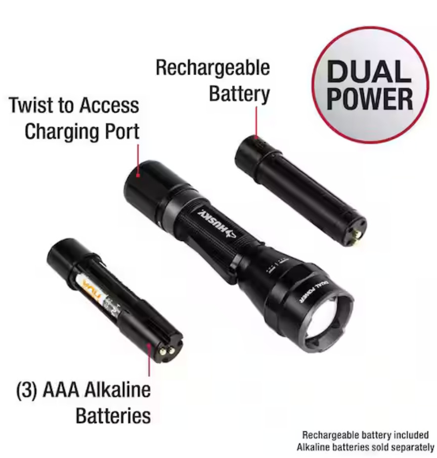 Husky 1800 Lumens Dual Power LED Rechargeable Tactical Focusing Flashlight