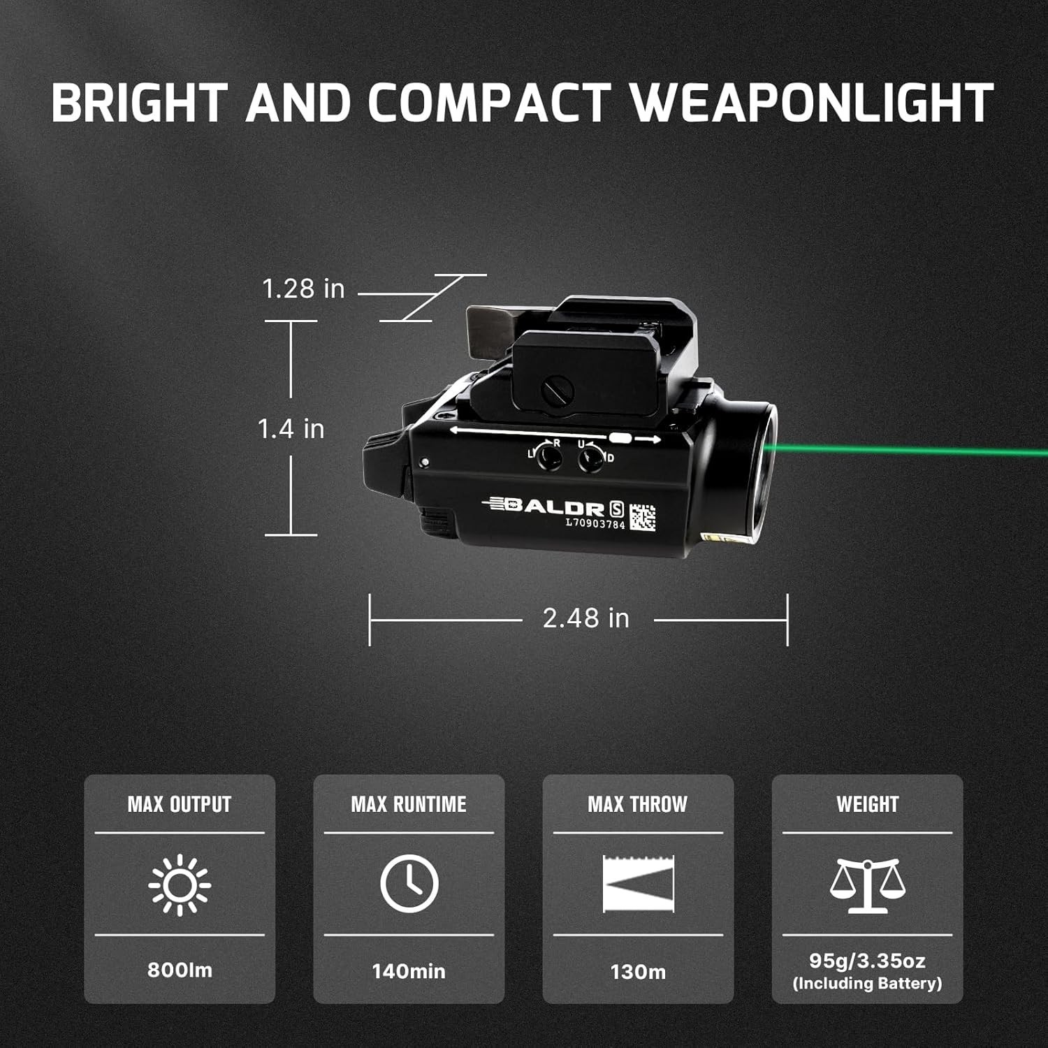 Baldr S 800 Lumens Compact Rail Mount Weaponlight W/ Green Beam & White LED