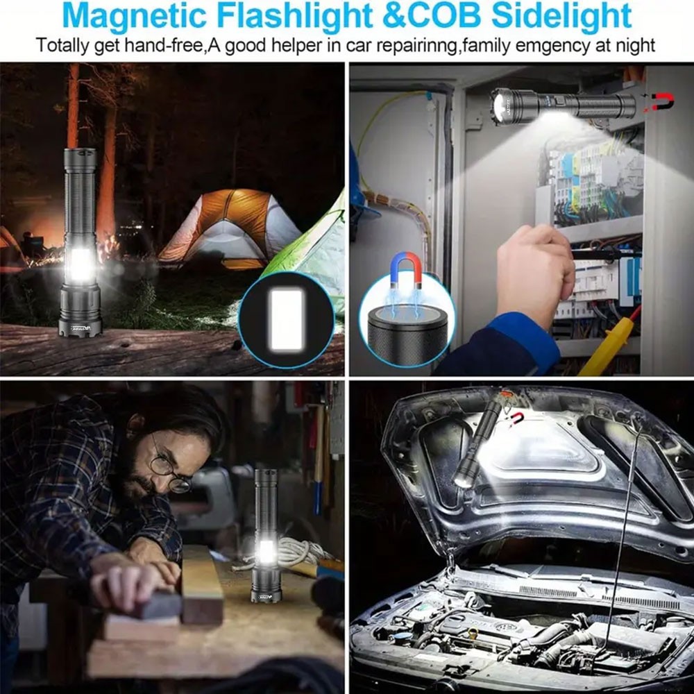 Super Bright LED Flashlight Zoomable Torch USB Rechargeable COB Side Soft Light