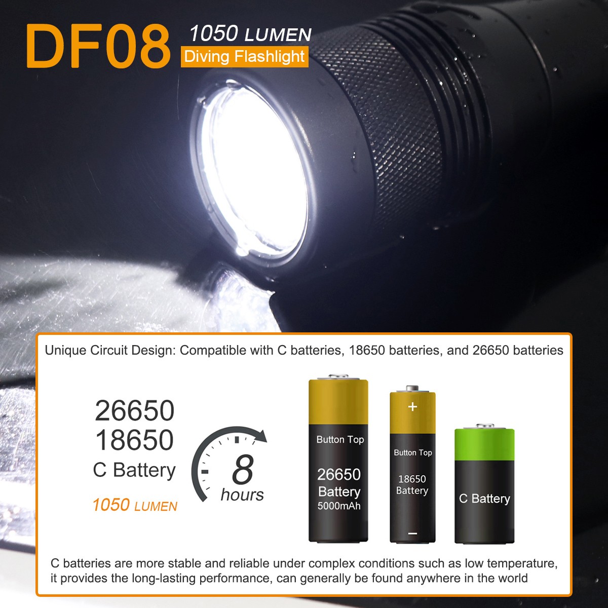 SecurityIng DF08 Max 1050LM 150m Dive Flashlight, 9° Beam, IPX8 Waterproof