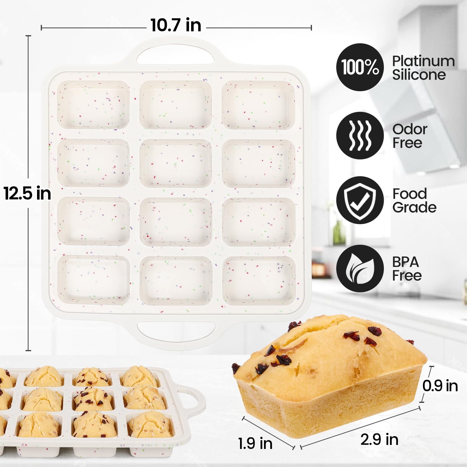 CAKETIME Silicone Mini Loaf Pan 12-cup: 1.9″x2.9″: 2pc, Creamy Confetti