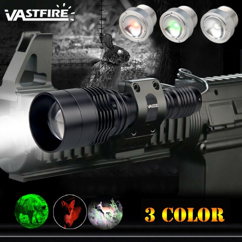 Red Green White LED Flashlight Torch Hunting Light with 2 Scope Mount 20mm Rail
