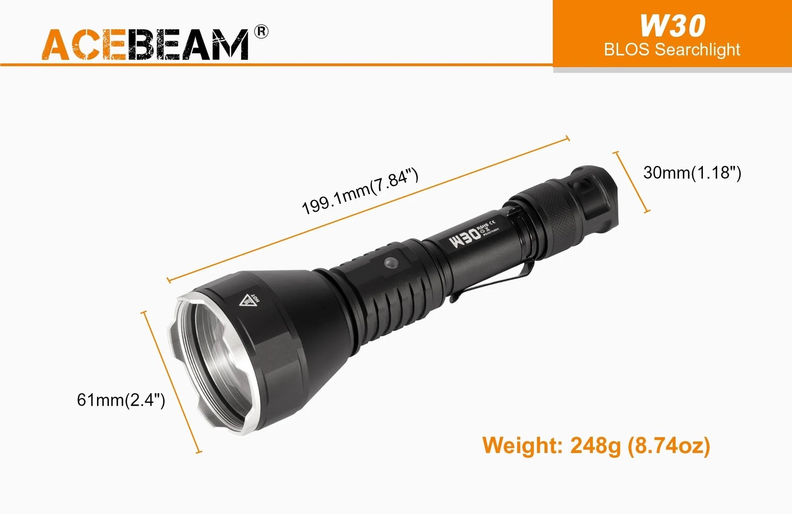 Acebeam W30 Long Range LEP Flashlight – 500 Lumens, 2408m throw, Cool White 650