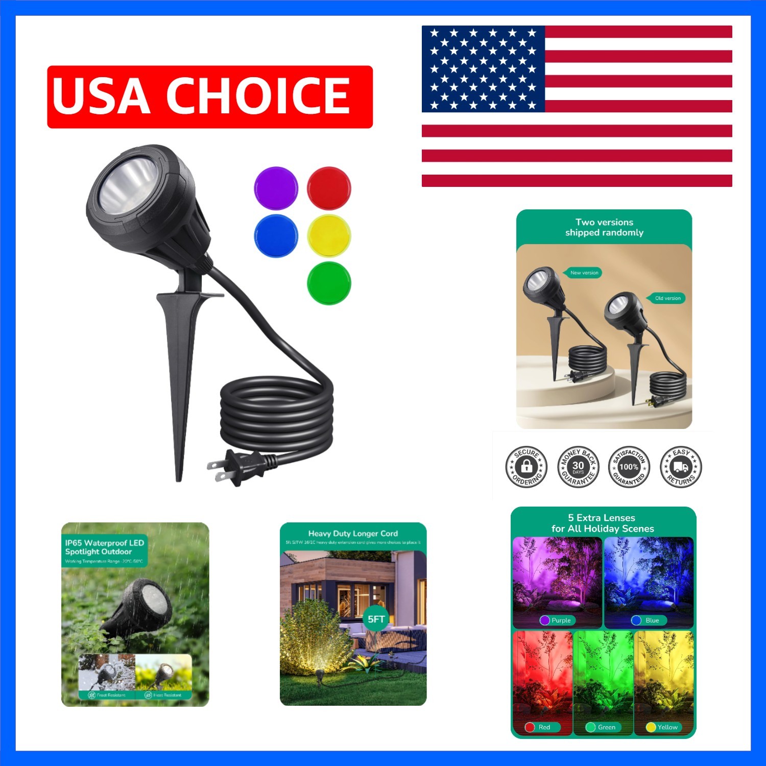 120V LED Outdoor Spotlight, 5 Extra Lenses RGB Purple Blue, 5.5W 5000K Plug i…