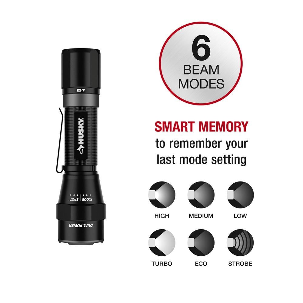 Husky 1200 Lumens Dual Power LED Flashlight w/ Battery & USB-C Cable