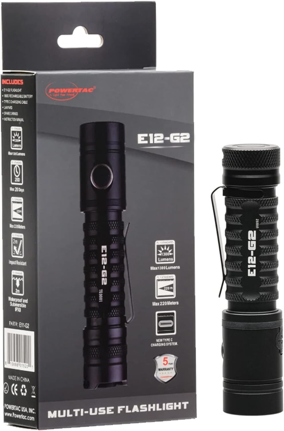 Powertac E12-G2 EDC Tactical LED Flashlight -1300 Lumen w/Type C Charging