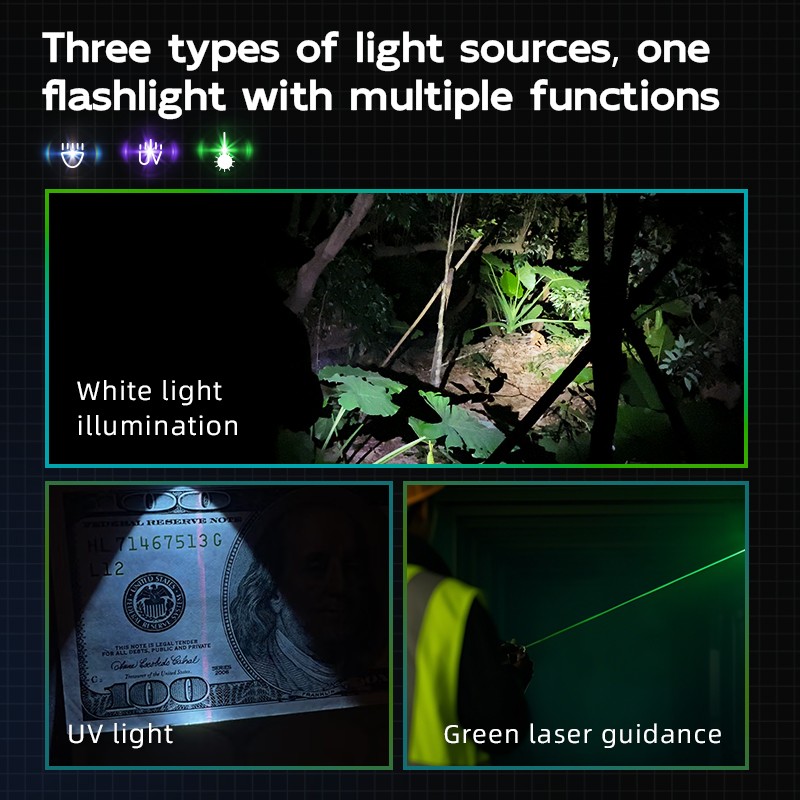 1000LM 3-in1 EDC Flashlight UV Red Blue Light Green Pointer Magnetic Work light