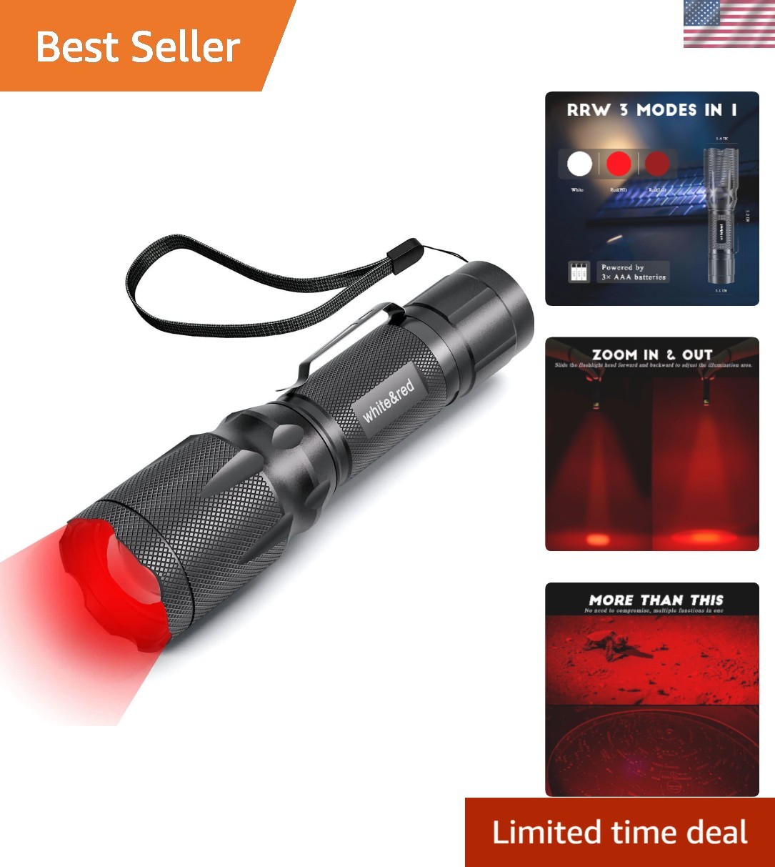 Upgraded Red Flashlight, Bright White &High/Low Power Red Light Options with …
