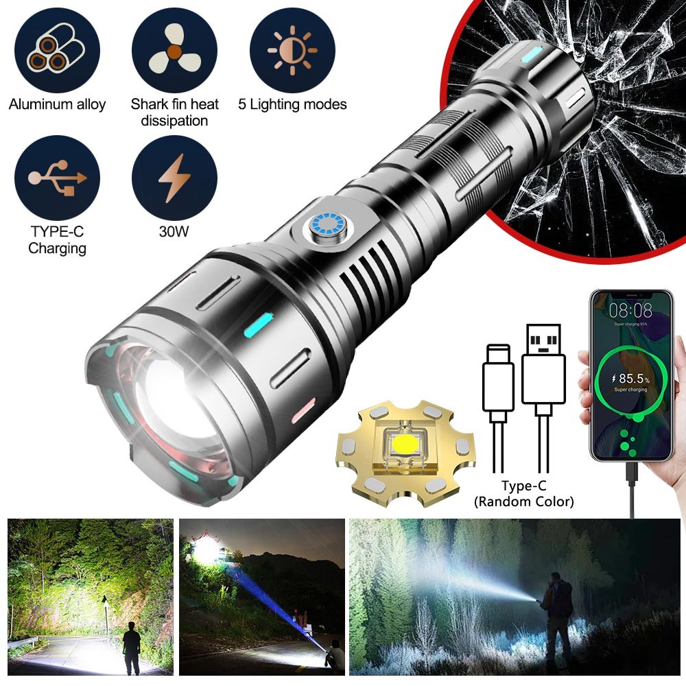 30W Strong White Laser LEP Flashlight Torch Zoomable USB Charging With Luminous