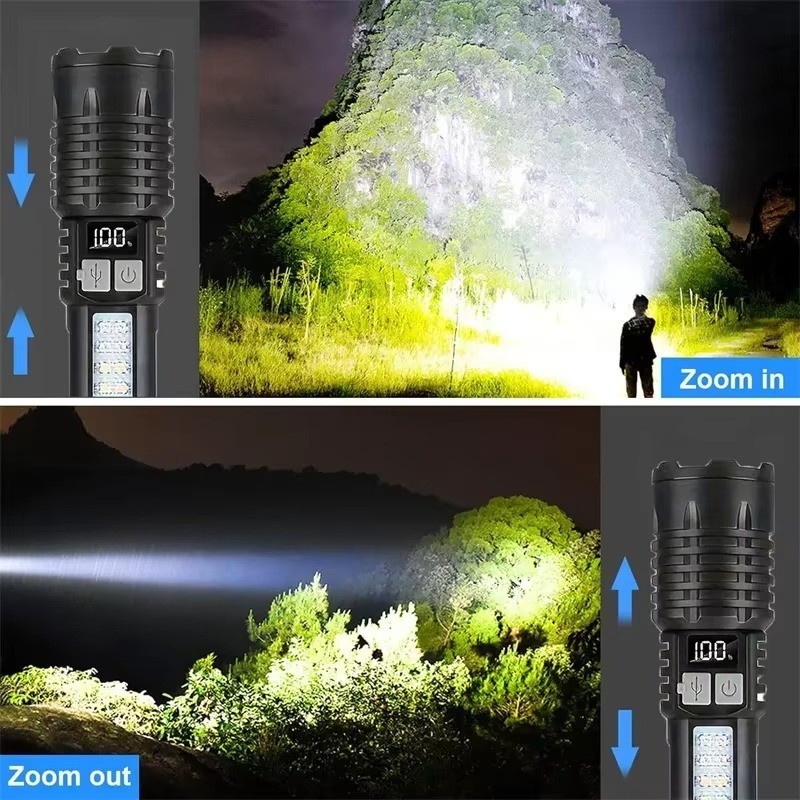 LED Flashlight Type-C Rechargeable Waterproof Torch with COB Side Light Zoom