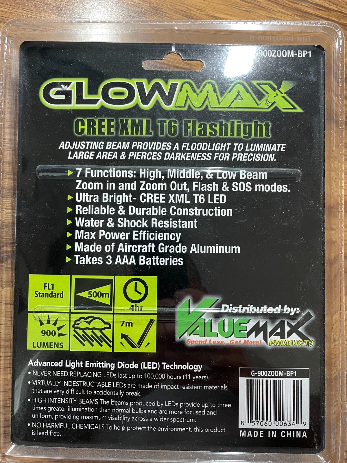 GLOW MAX FLASHLIGHT 900 LUMENS 7 Modes High Low Strobe Zoom Free USA Shipping