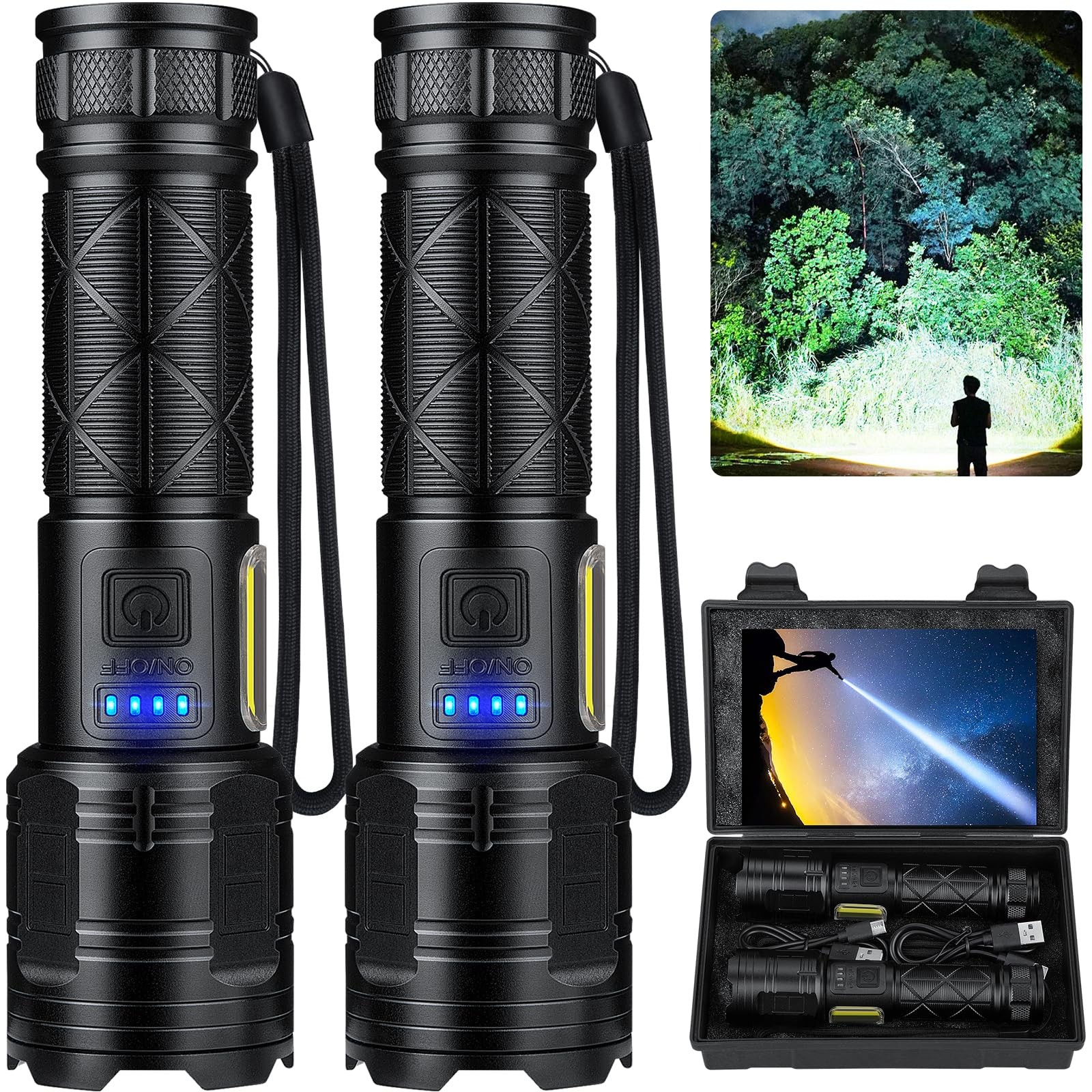 Rechargeable LED Flashlights 99000 Lumens, 7 Modes, Waterproof, 2 Pack