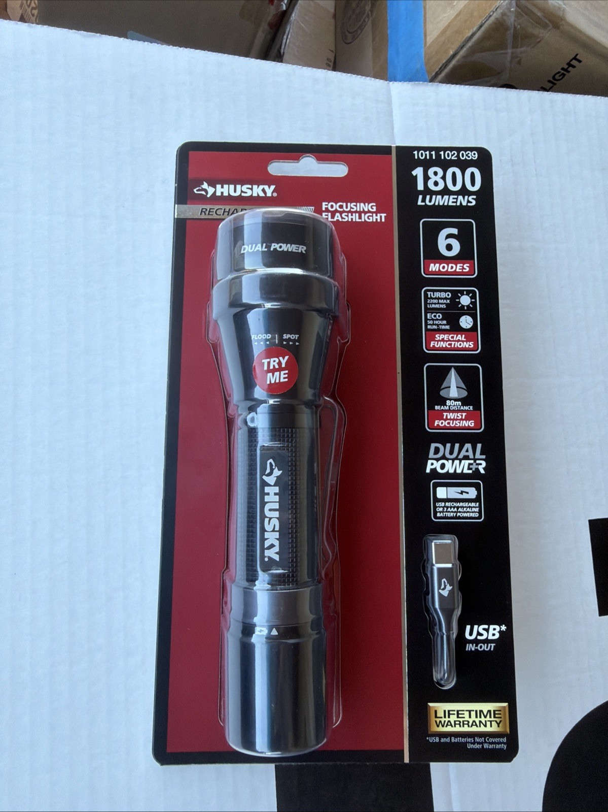 Husky 1800 Lumens Dual Power LED Rechargeable Tactical Focusing Flashlight