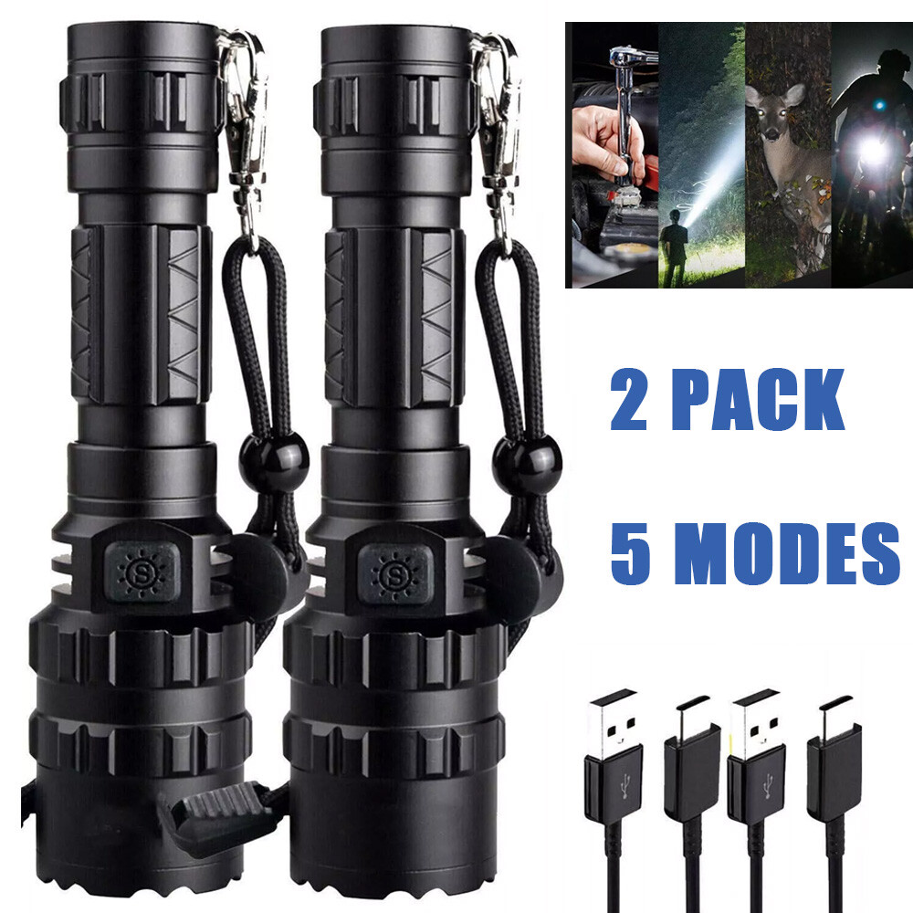 2Pack Super-Bright Flashlight LED Tactical Torch LED Rechargeble Battery 5 Modes