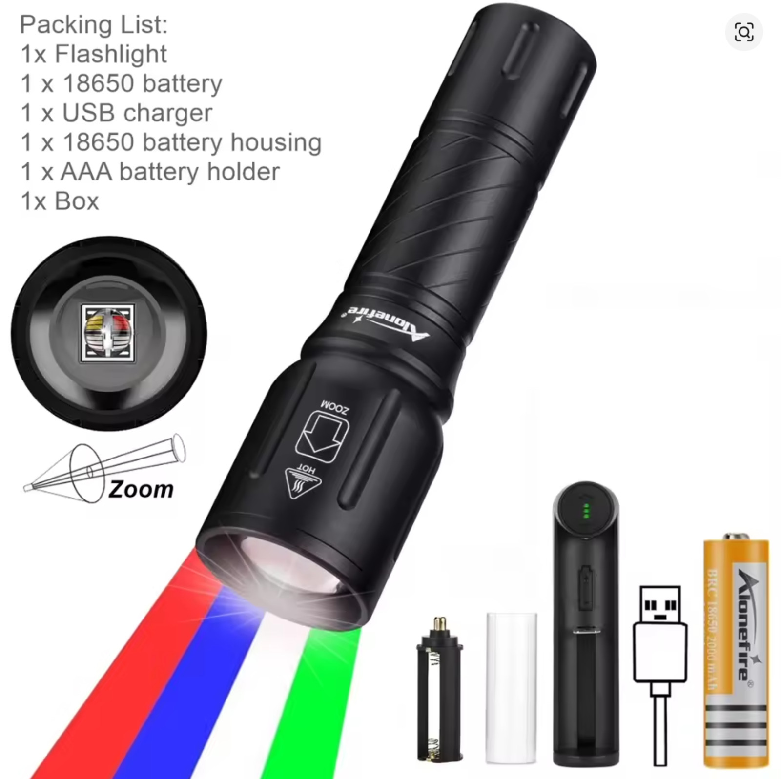 Alonefire Zoom 4-in-1 Multicolor Blue/Green/Red Led Flashlight High power X97