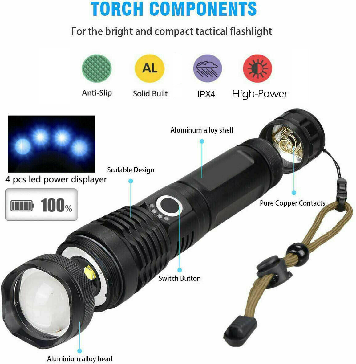 990000LM High Lumens Flashlight Super Bright Rechargeable Zoom Torch Waterproof