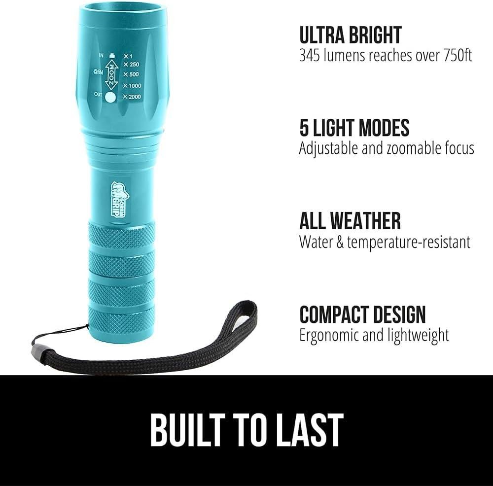 GORILLA GRIP Powerful LED Tactical Flashlight, 750 FT High Lumens 5 Adjustable M