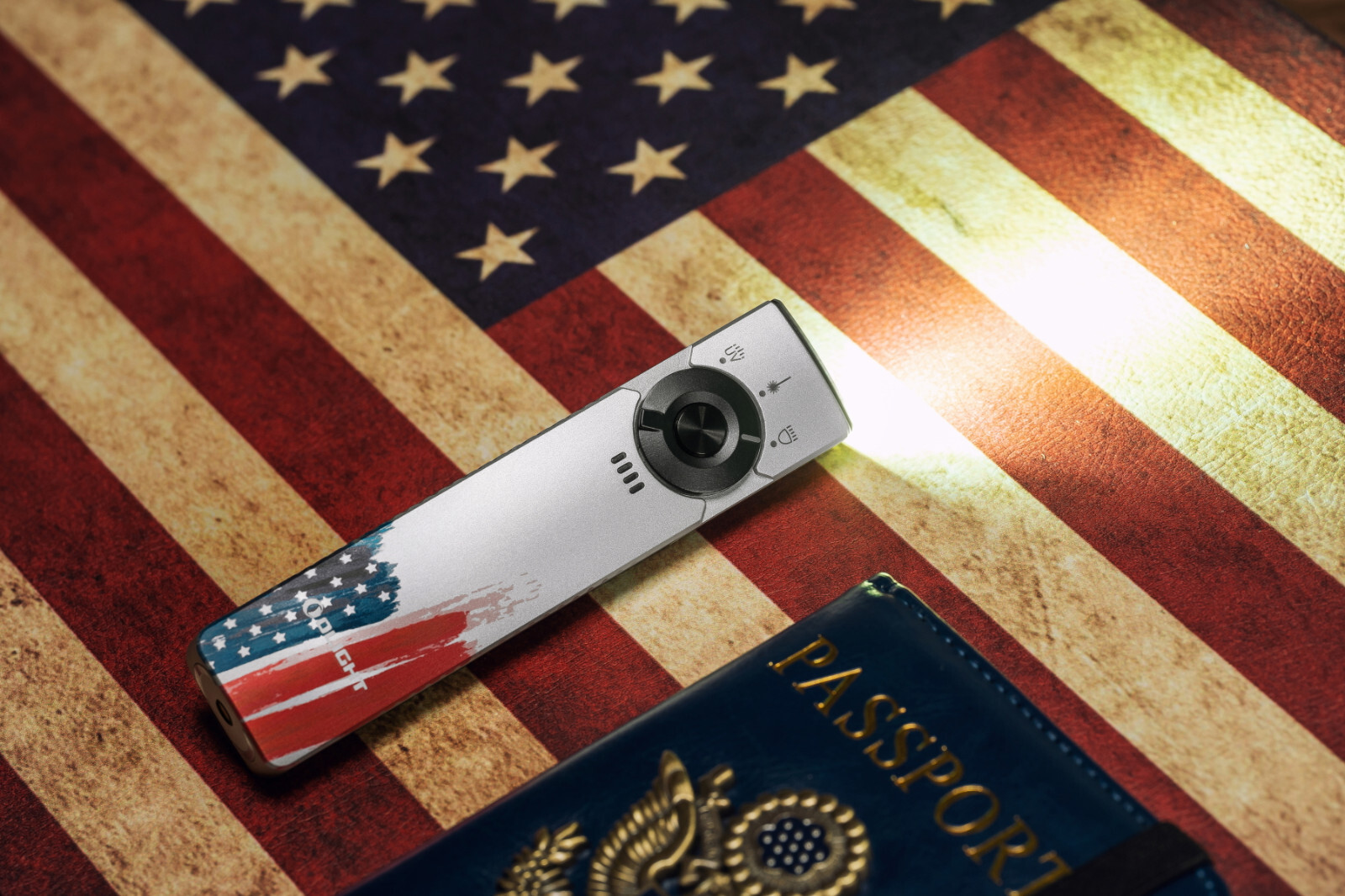 Olight Arkfeld Pro Stars & Stripes Flat EDC Flashlight, CW/Green Beam/UV, 1300 L