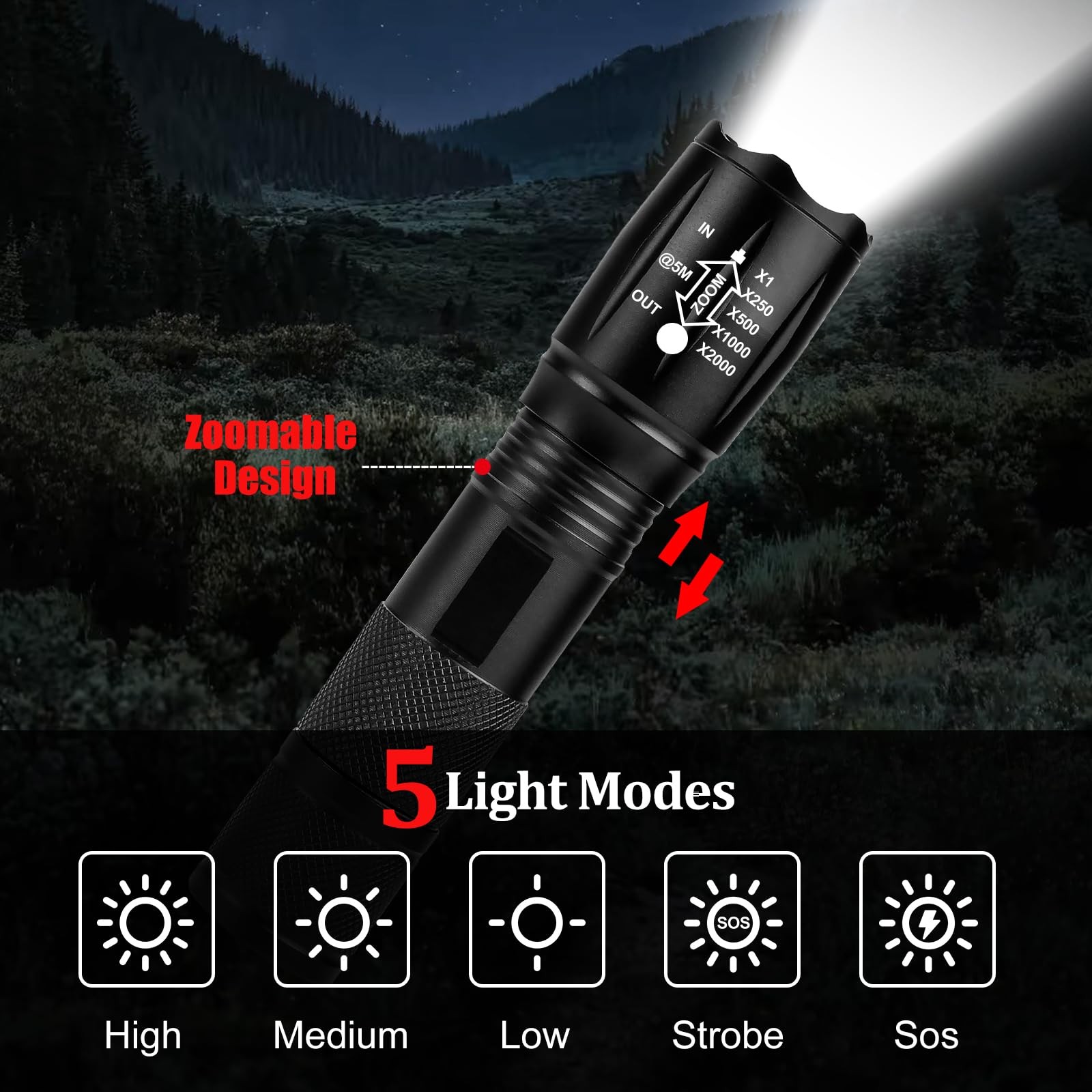 Zoomable LED Flashlight 5 Modes Small Black Camping Emergency Torch Light