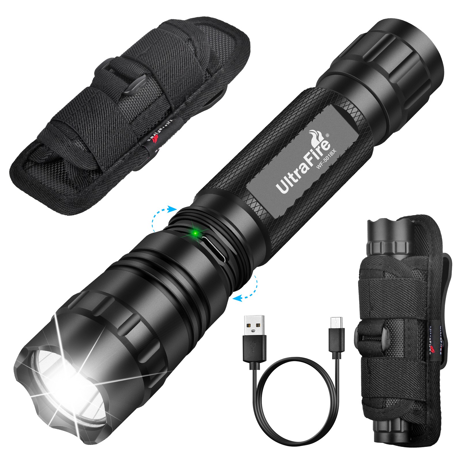 UltraFire WF-501BX 1200 Lumen USB-C Tactical Police Flashlight with Belt Holster