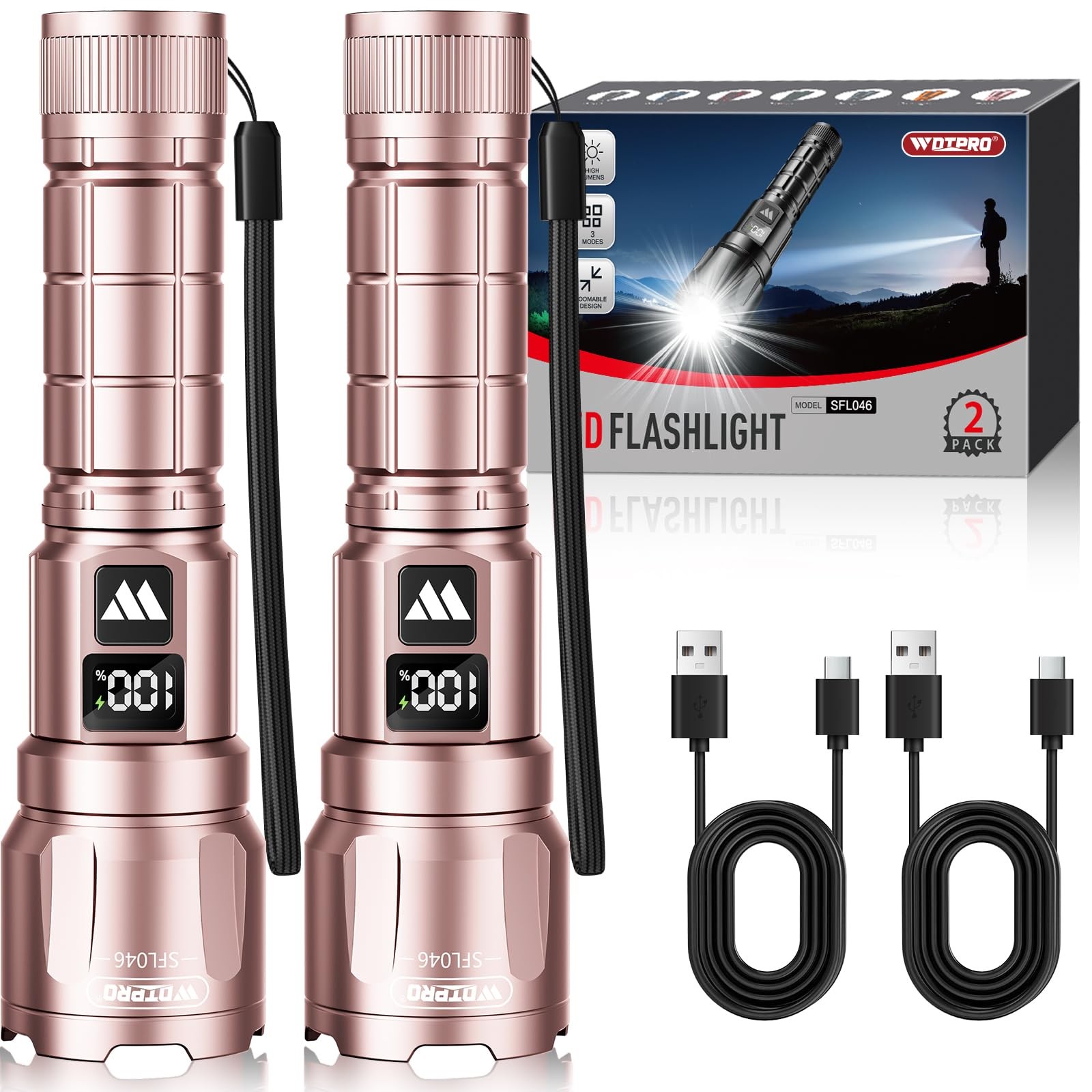WdtPro LED Rechargeable Flashlight 2 Pack, 3 Modes Super Bright 2 PACK, Pink