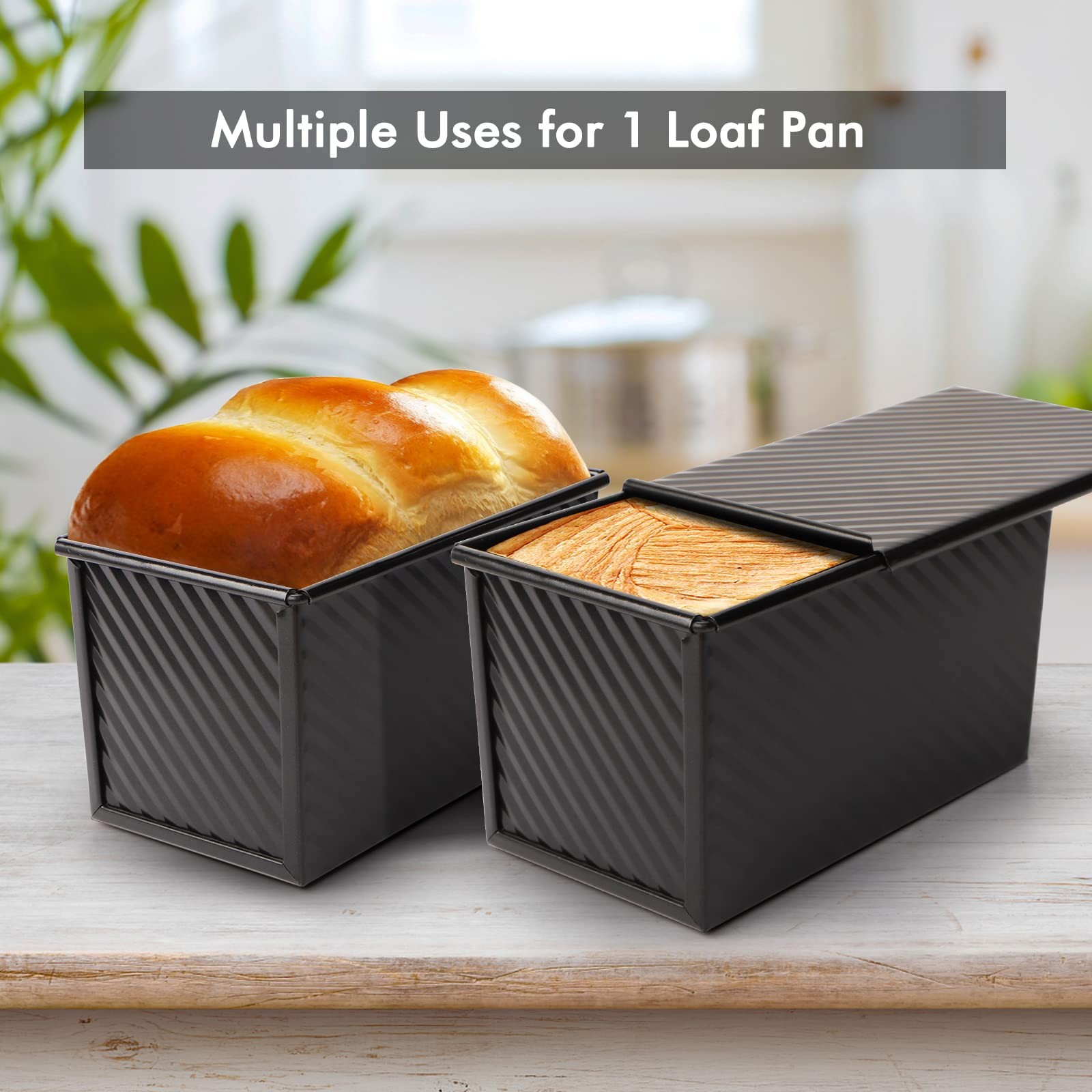 Beasea Pullman Loaf Pan with Lid, 2 Pack 1 lb Non-Stick Black 1lb 2pcs,