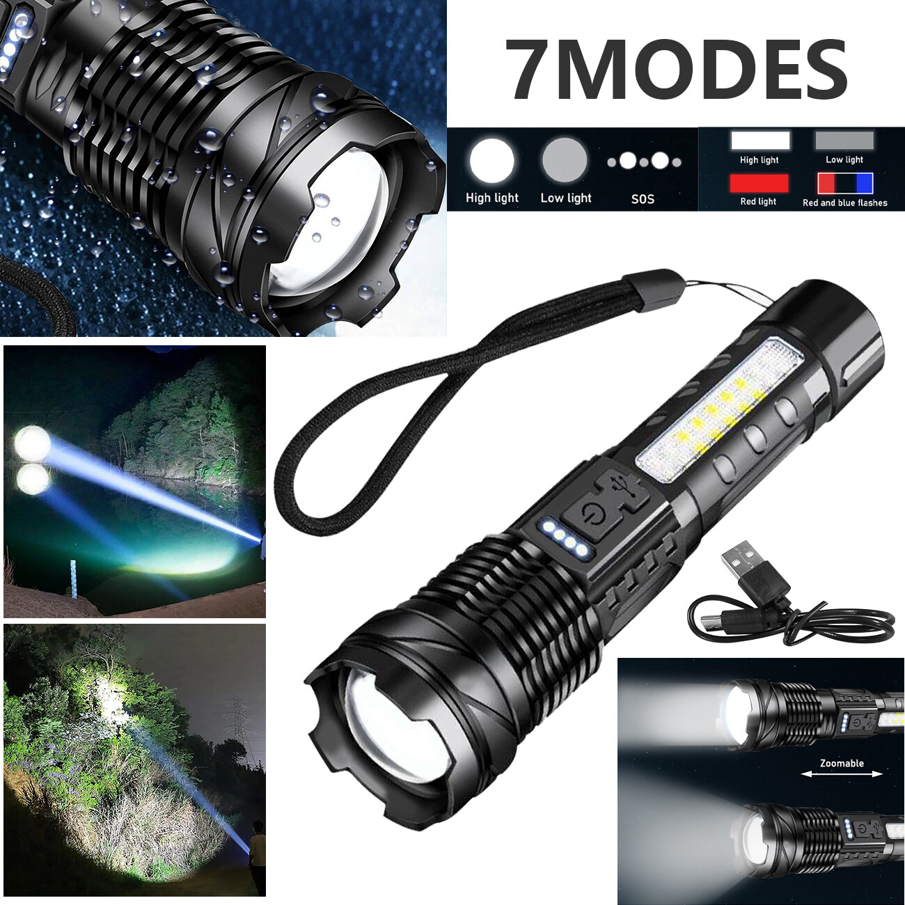2x 12000000LM Super Bright Telescopic Zoom Flashlight Rechargeable 3Color Light