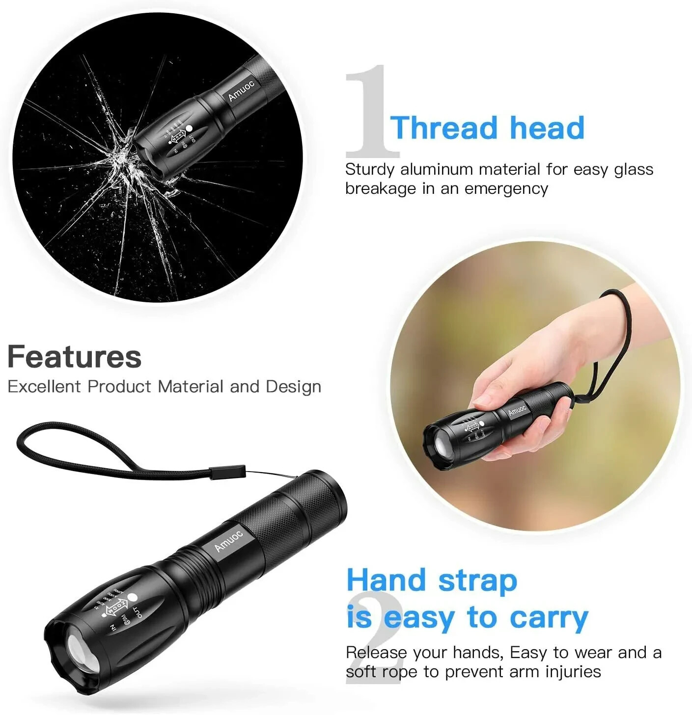 (5 PACK) AMUOC HANDHELD FLASHLIGHTS LED TACTICAL S1000 ZOOMABLE 5 MODES