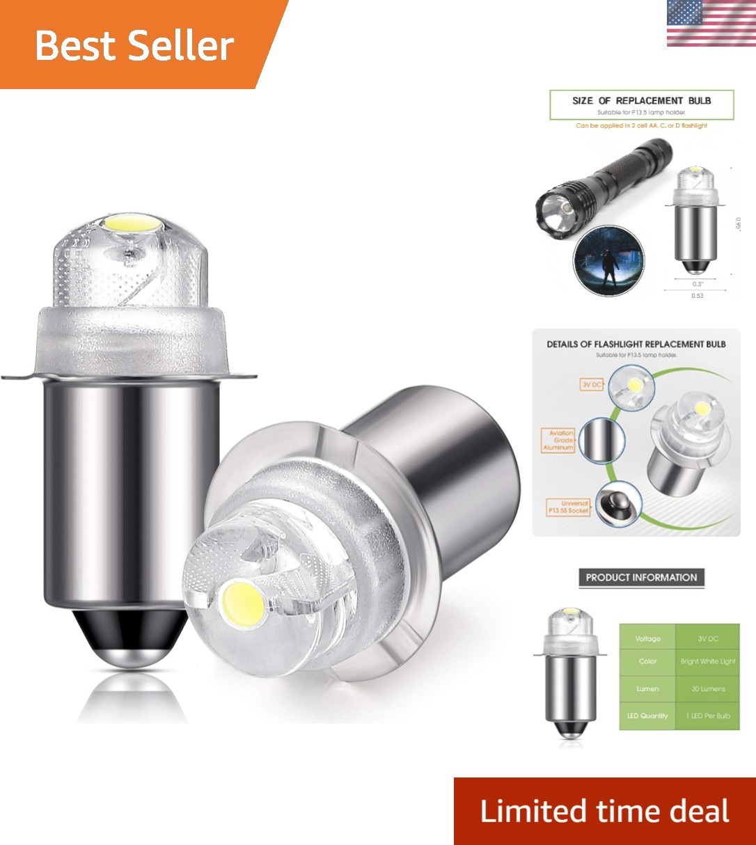 30 Lumen 3-Volt LED Torch Bulbs – Compact Size with 10 Lifespan (2-Pack)