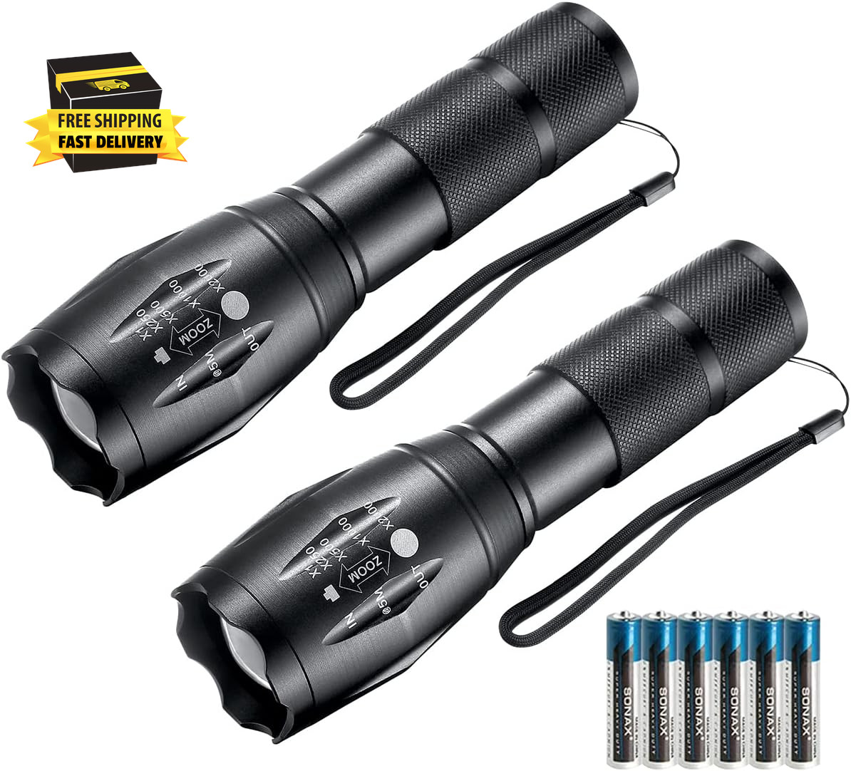 LED Flashlights, 2 Pack Tactical Flashlight High Lumens Lights with 6Pack AAA Ba