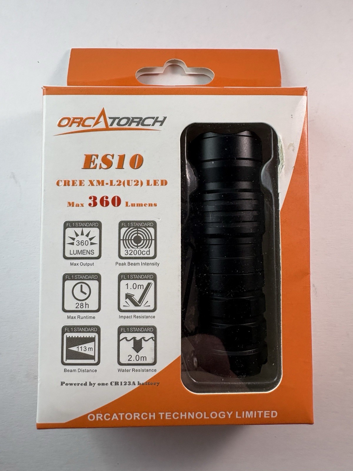 OrcaTorch ES10 LED Flashlight 360 Lumen CR123A EDC Torch w/ Box & Accessories