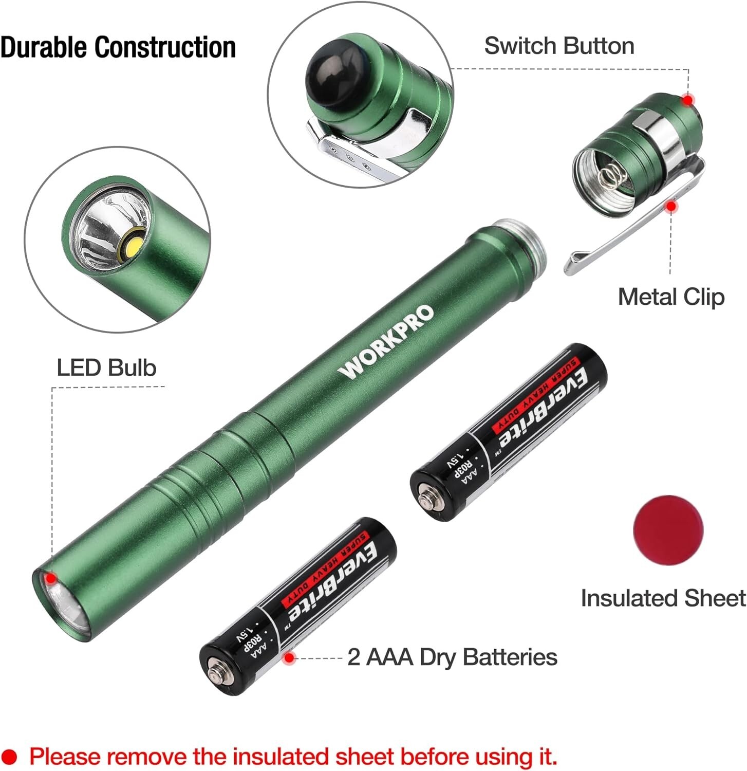 WORKPRO LED Pen Light, Aluminum Pen Flashlights 4-Pack 8AAA Batteries Include