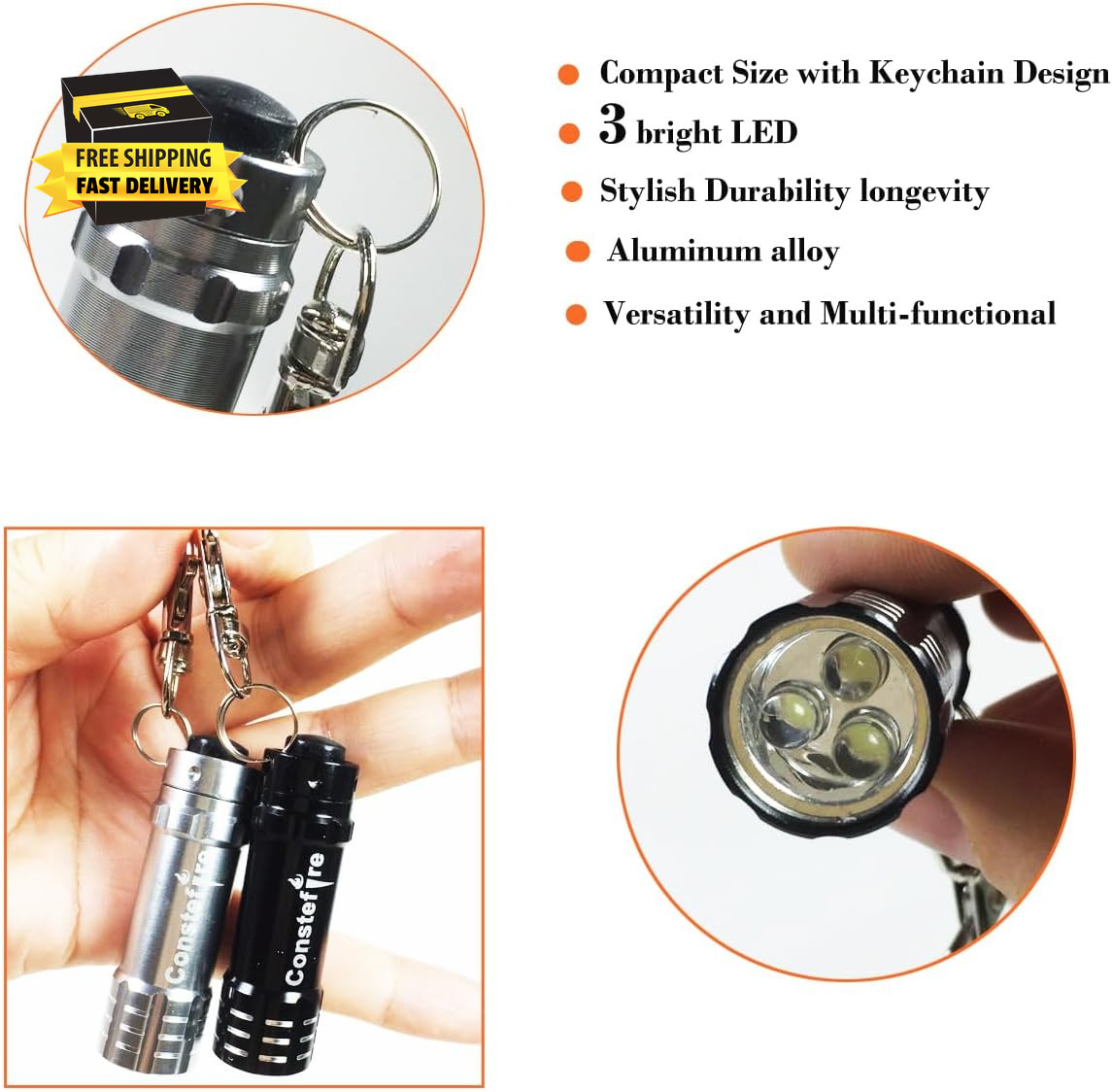 Small Flashlight Keychain Torch,2 PCS Aluminum Key Ring Torch, Bright 3 Leds Tin