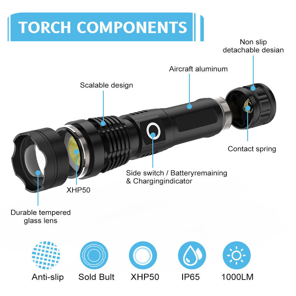 Super Bright Powerful Flashlight XHP50 Rechargeable Zoom Torch