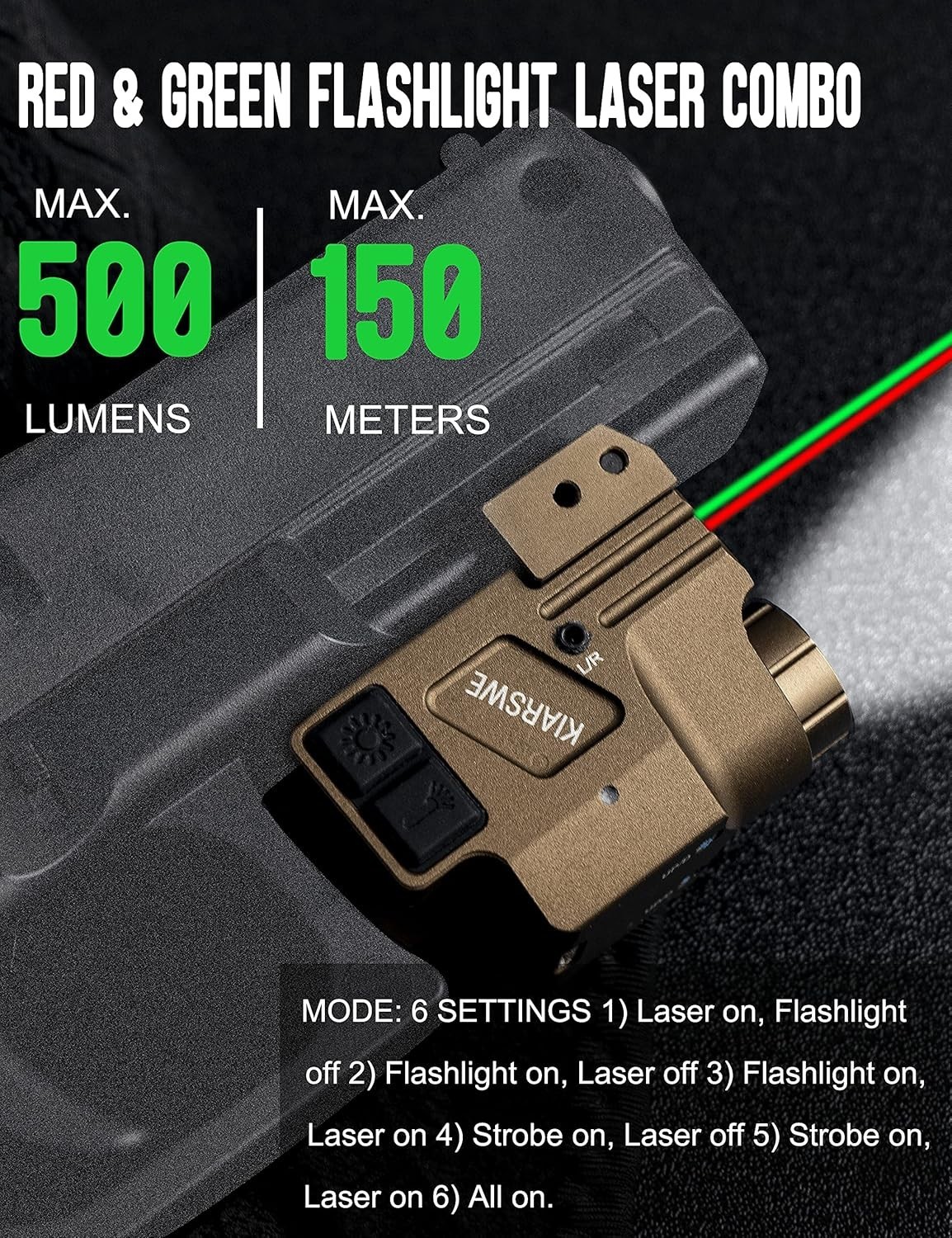 Red Green Laser Light Combo, 500 Lumens Red Green Laser, Supcompact Pistol Laser