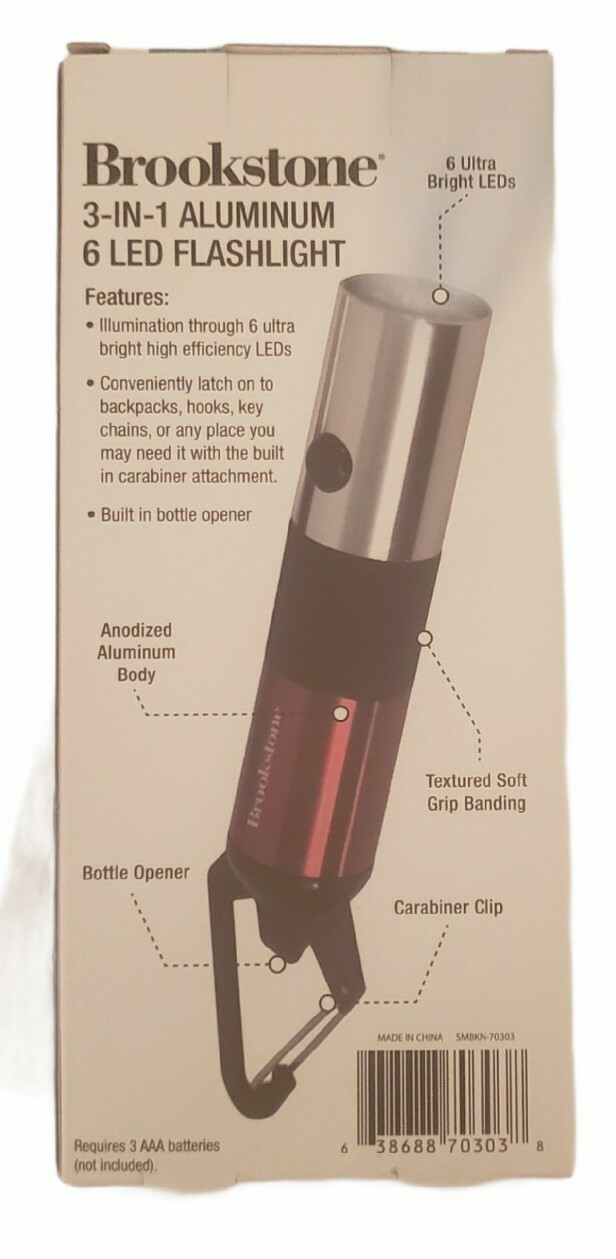 Brookstone 3-in 1 Aluminium 6 LED Flashlight with Carabriner and Bottle Opener