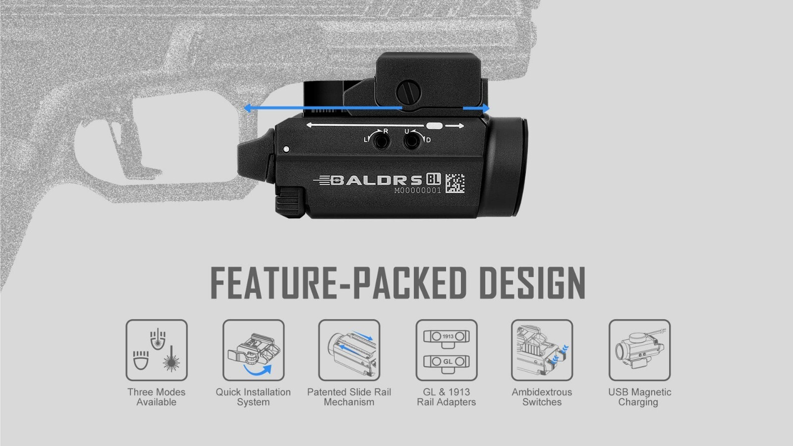 Olight Baldr S Rechargeable 800 Lumen Tactical Weapon Light, Blue Beam, GL/Pica